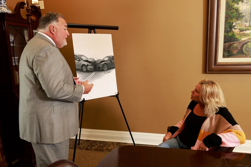 Attorney Joel Hamner discusses a car accident exhibit with a client, showing traffic camera stills and black box data.