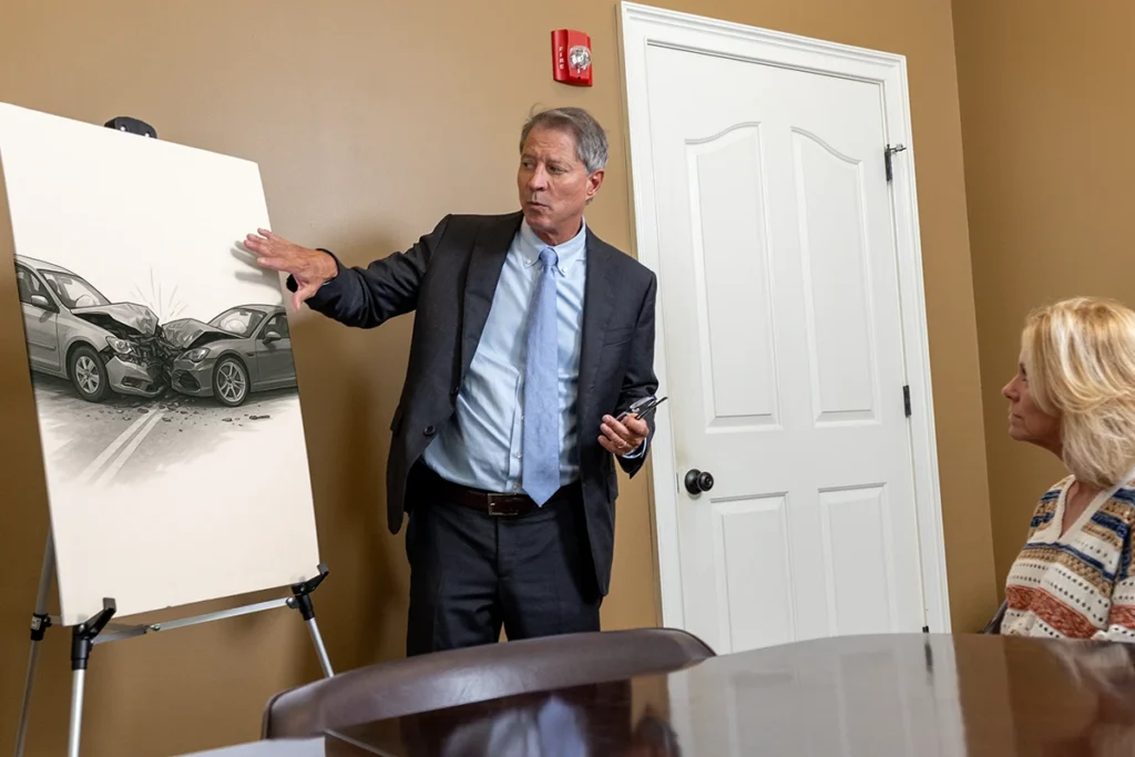 Tom McCutcheon discusses a car accident case with a client, referencing an illustration in a conference room.