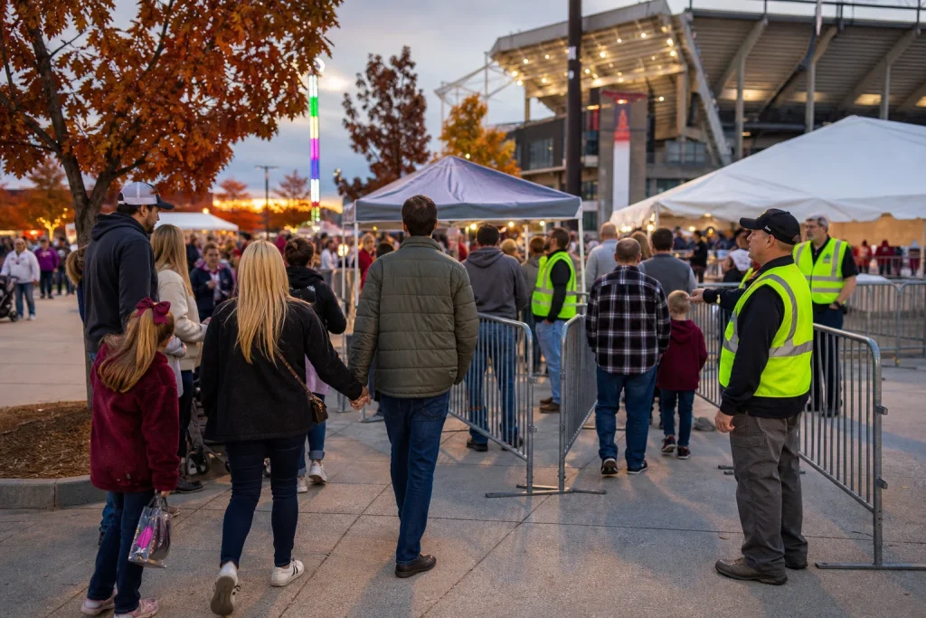 Event staff monitor marked entry lanes and temporary barriers as attendees arrive at a fall festival venue.