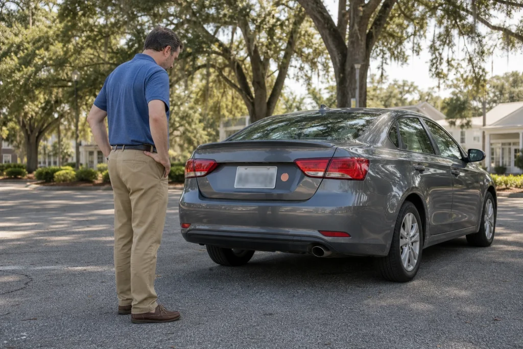 Alabama vehicle owner examines a license plate associated with an invisible-disability communication decal