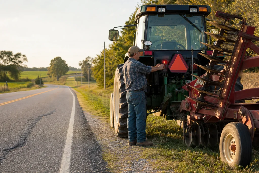 Farm-equipment operator checks a tractor’s rear lights and slow-moving-vehicle emblem beside an Alabama rural road.