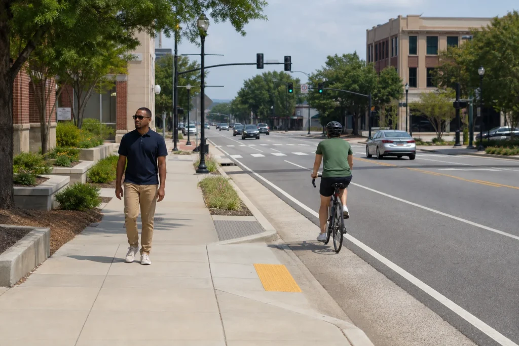 A pedestrian and bicyclist use a city avenue near a crosswalk, sidewalk, lighting, and traffic signals in an illustrative safety-planning scene.