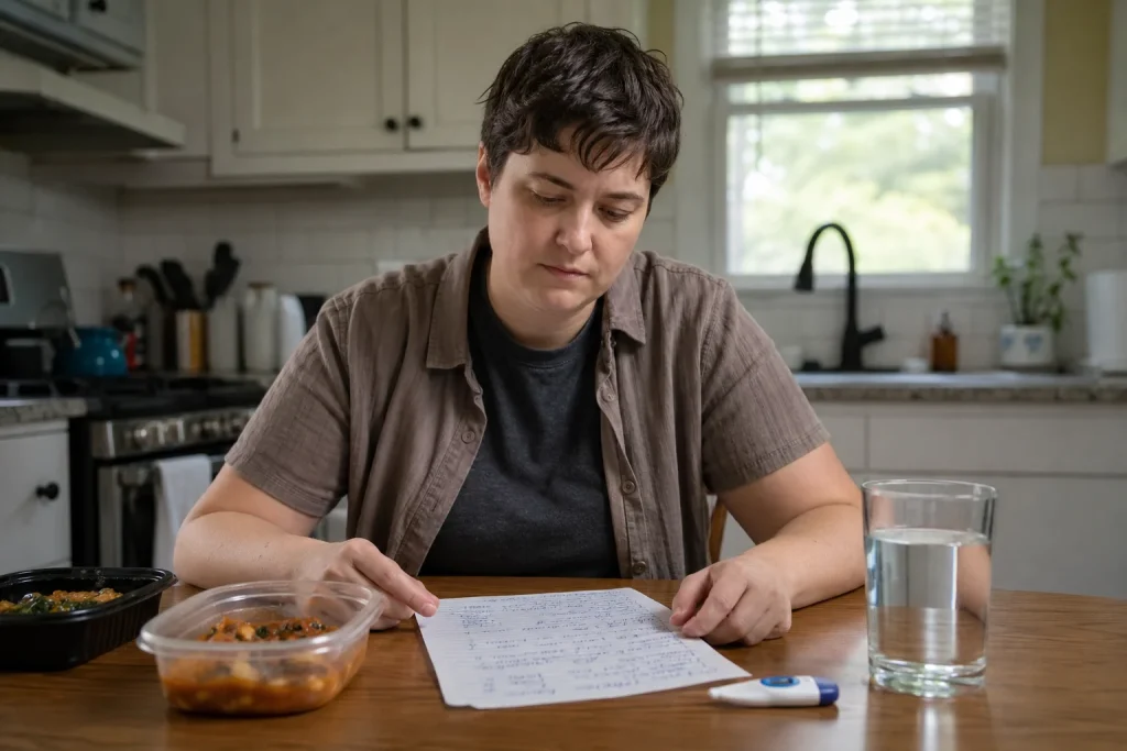 Person calmly reviewing a food and symptom timeline at a kitchen table with water and meal containers