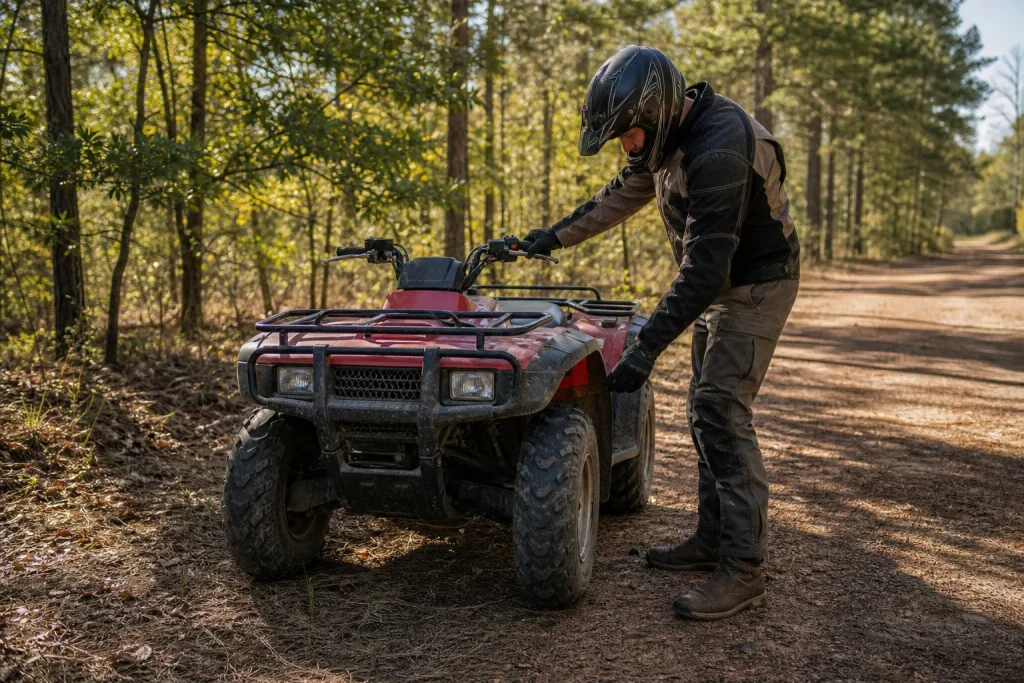 Helmeted adult rider inspects a parked ATV beside a rural Alabama trail