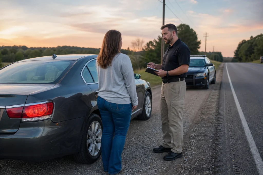 Driver speaking with a roadside investigator near a stopped police vehicle on an Alabama roadway