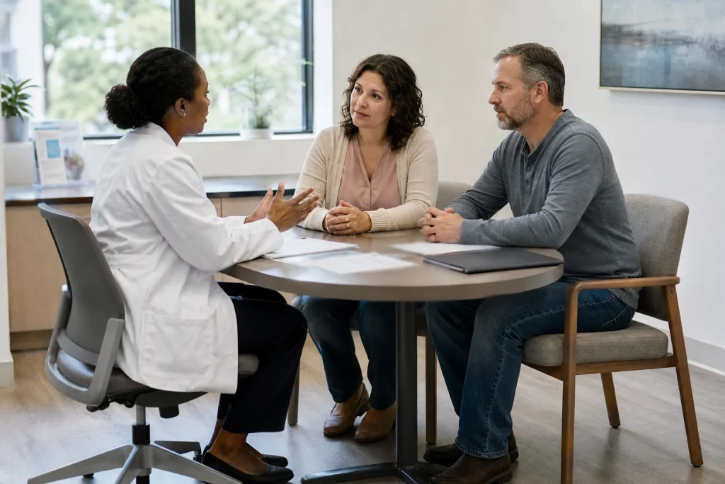An applicant and family member discuss a serious diagnosis and disability claim with a healthcare professional