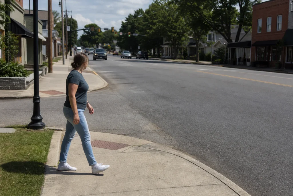 Pedestrian approaching an unmarked intersection crosswalk with visible sidewalks and roadway geometry