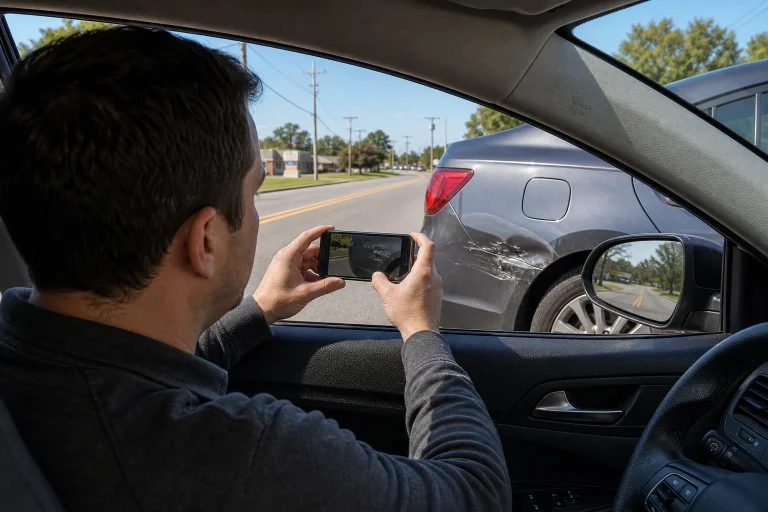 Driver documents vehicle damage and the roadway after a suspected hit-and-run in Alabama