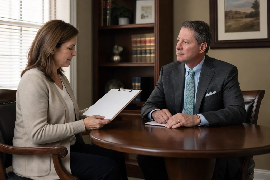 A surviving spouse discusses personal-representative appointment requirements with a wrongful-death attorney