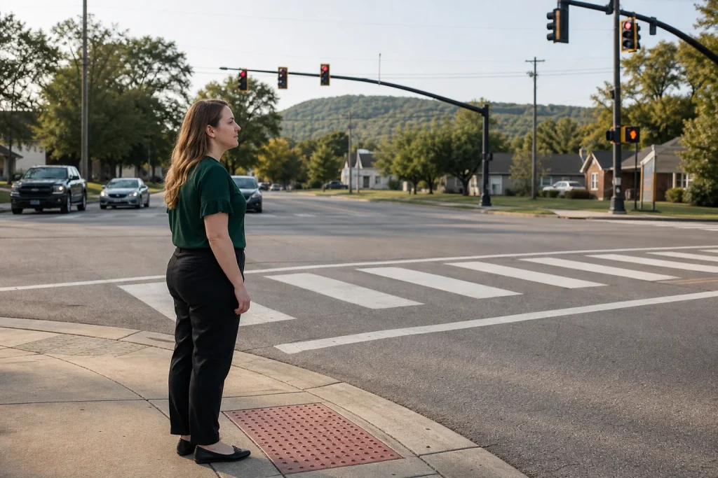 Pedestrian-safety advocate studies a marked crosswalk and traffic conditions at an Alabama intersection