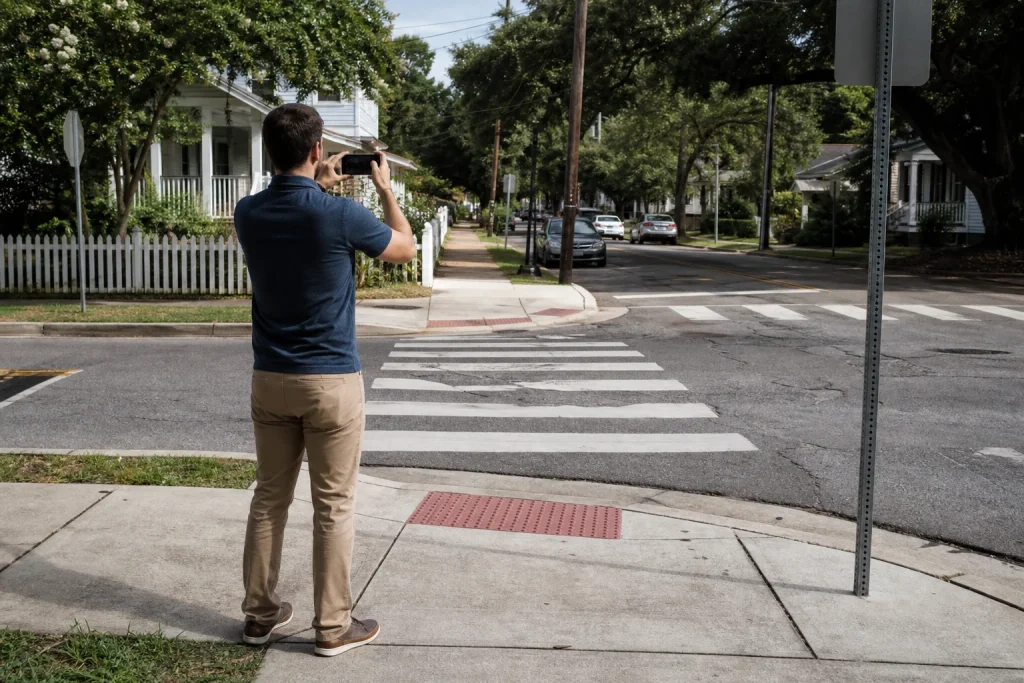 Person safely photographs roadway conditions near a pedestrian crossing