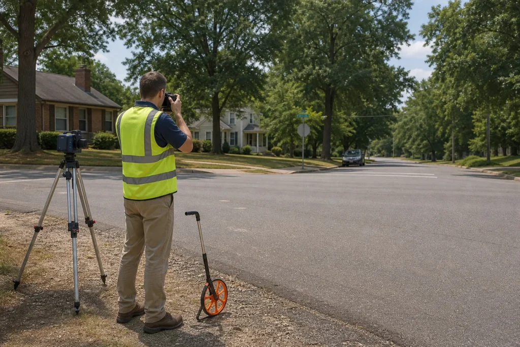 Traffic investigator documenting an intersection with a camera and measuring equipment