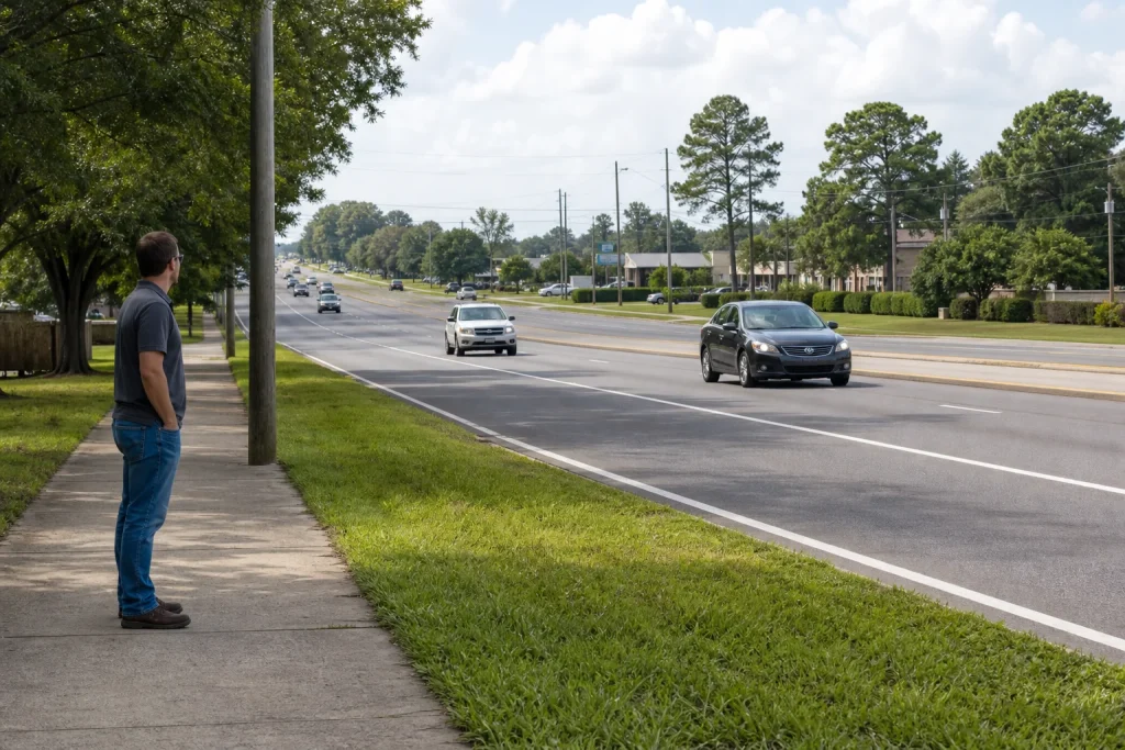 Roadway with a median turn lane illustrating a midblock crossing without an intersecting street