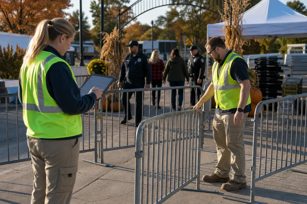Event operations staff document temporary barriers and inspect an entrance route before a fall festival.