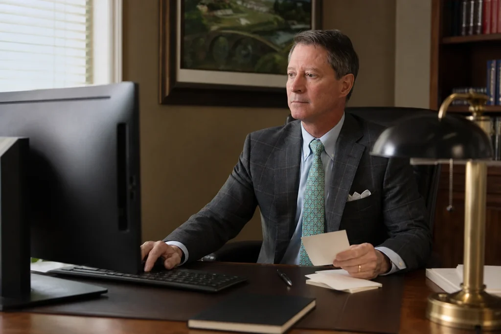 Tom McCutcheon works in a law office while reviewing materials related to transportation safety.