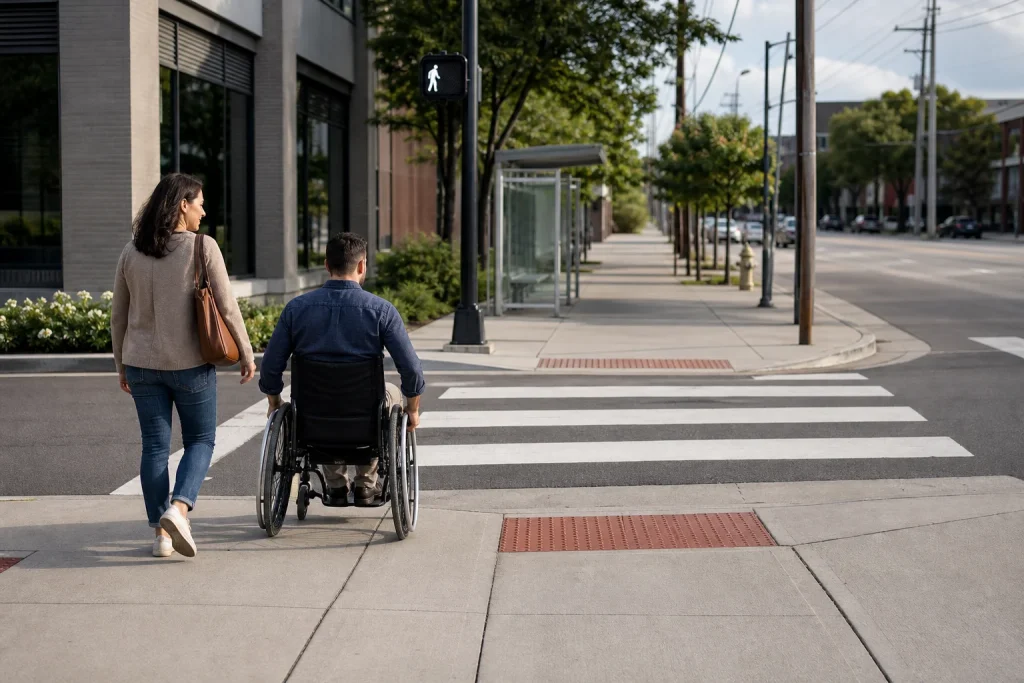 A wheelchair user and pedestrian follow a connected sidewalk route with a curb ramp, marked crossing, pedestrian signal, and transit shelter.