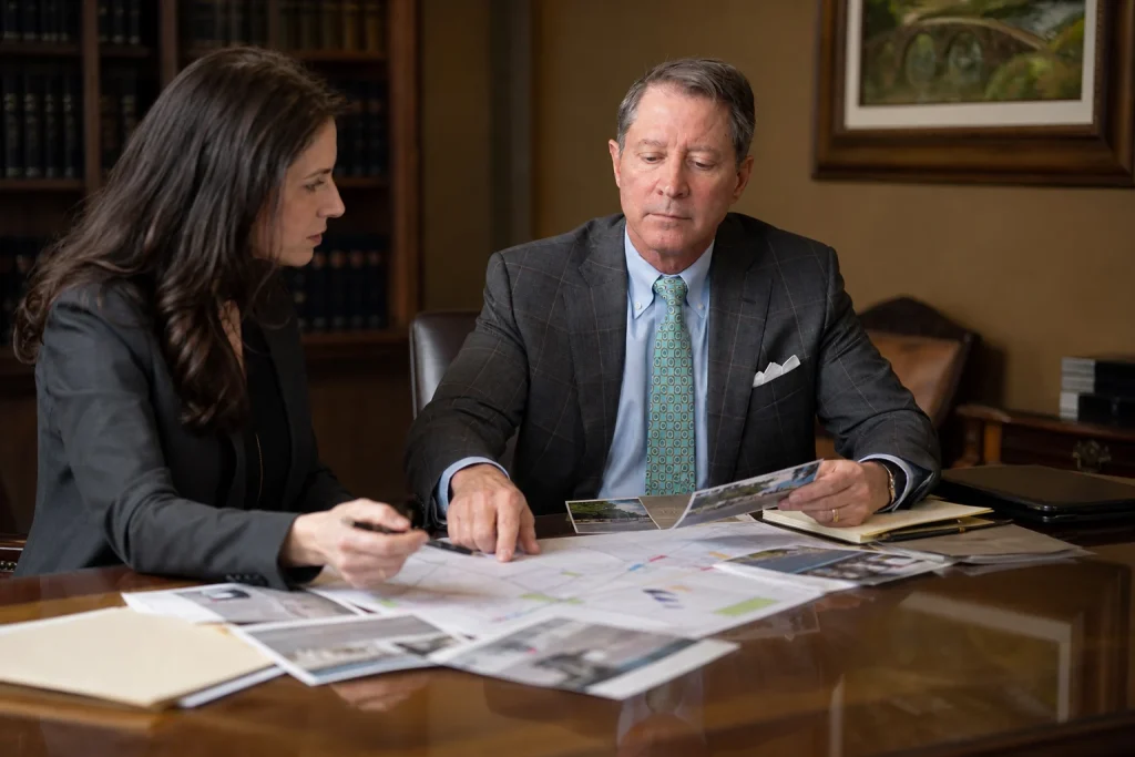 Attorney reviews crash-scene photographs and evidence with a colleague in a law office