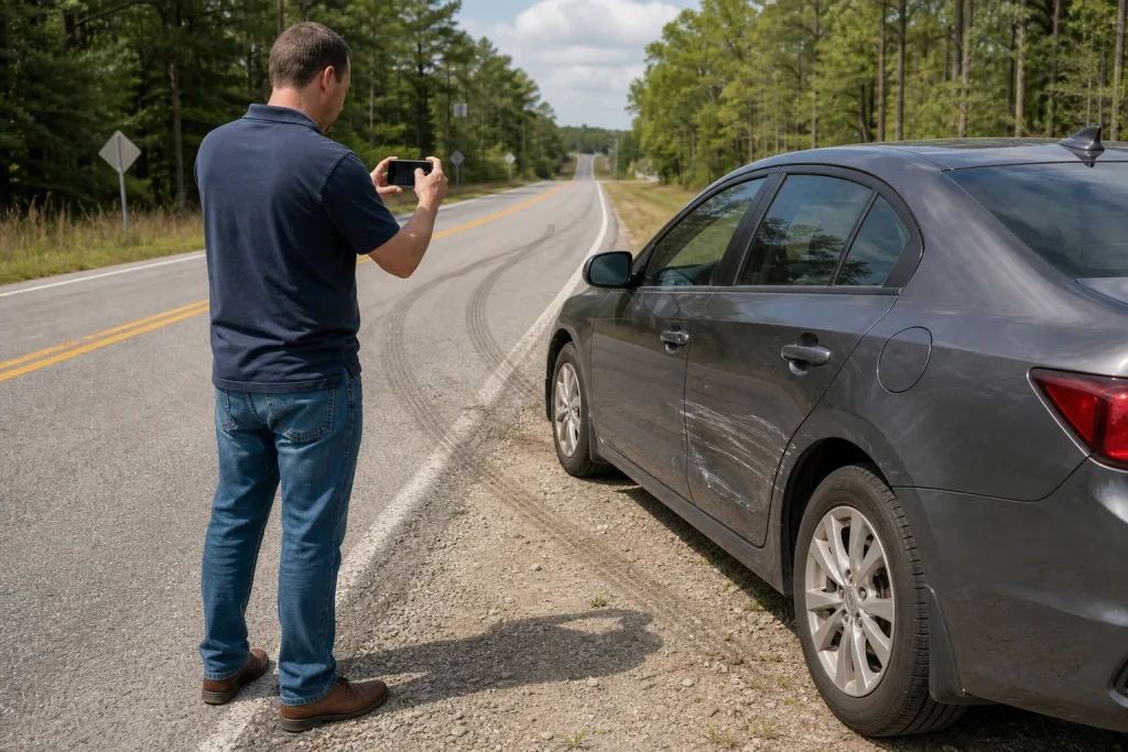 Driver photographs roadway details and vehicle damage to document a possible no-contact hit-and-run