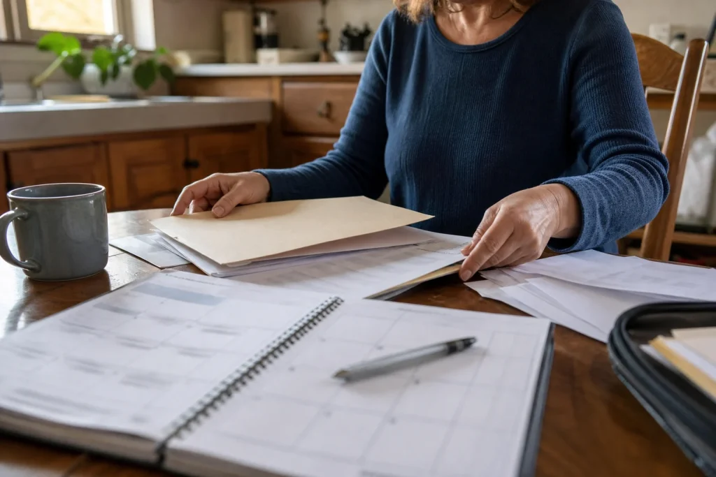 An applicant organizes medical records and appointment information while preparing a disability claim