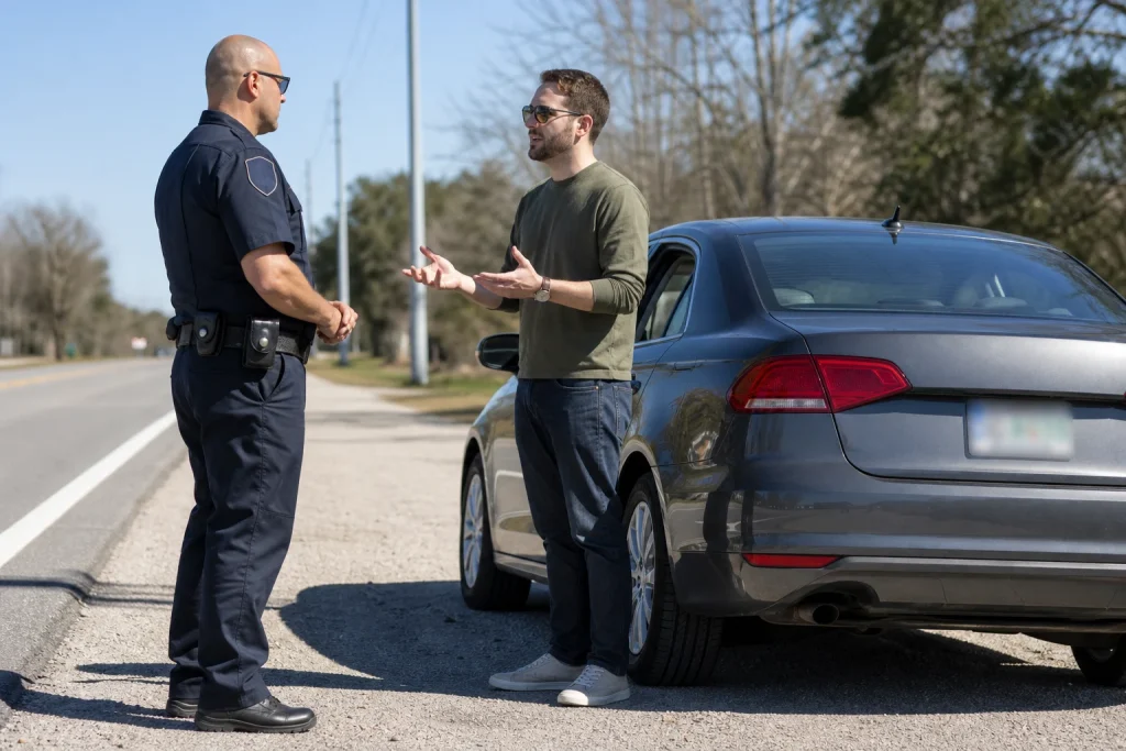 First responder speaks calmly with a driver during a routine roadside interaction