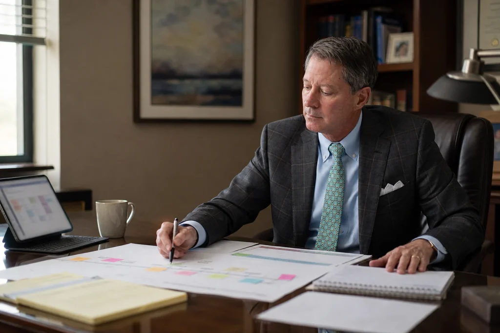 Attorney reviewing a generic foodborne-illness timeline and research materials at a desk