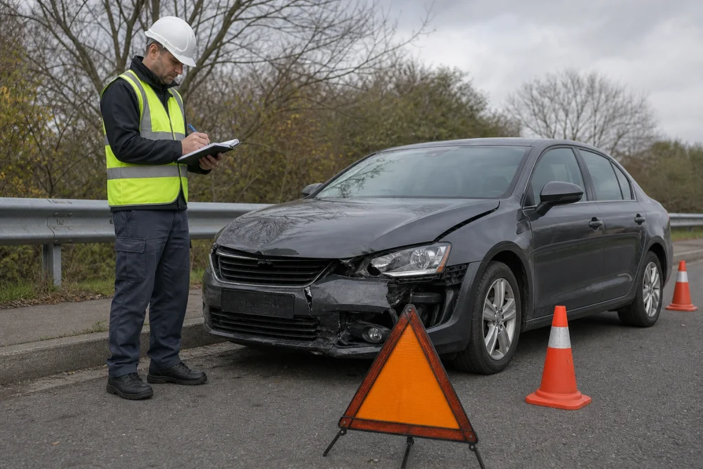 A traffic investigator safely examines a vehicle while documenting potential evidence