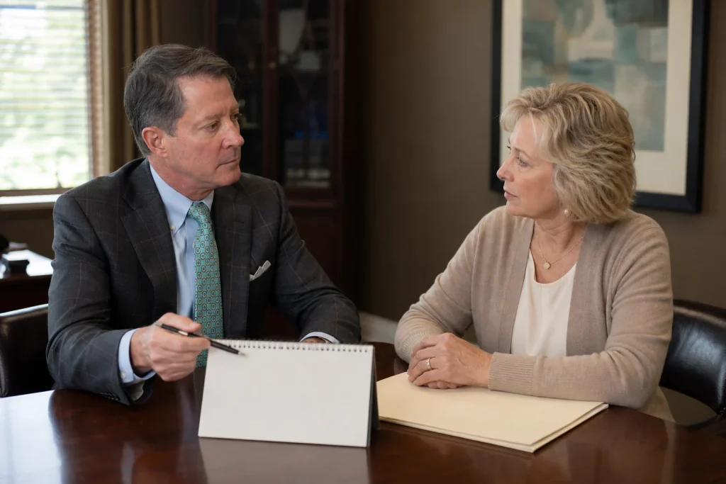 An attorney explains probate appointment steps to a surviving spouse during a consultation