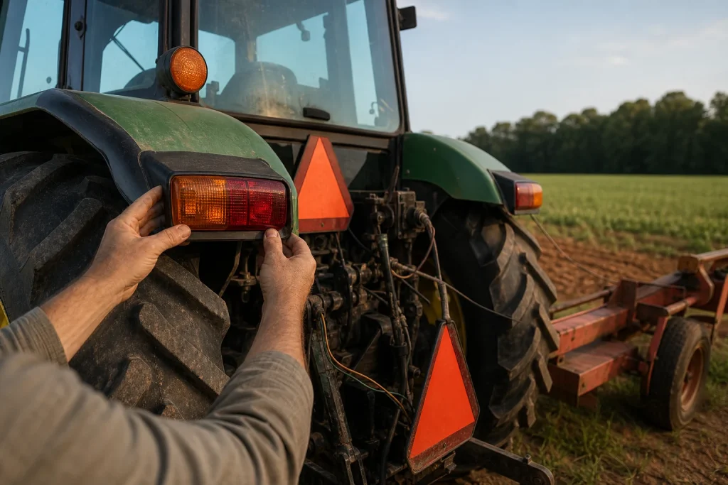 Worker inspects a parked tractor’s rear light, reflective markings, and slow-moving-vehicle emblem.