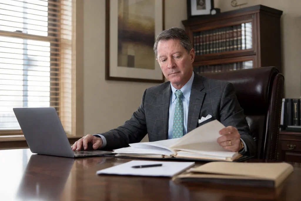 Tom McCutcheon reviewing case materials and insurance information at a law office table