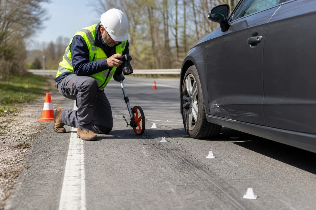 Accident-reconstruction analyst measures tire marks and roadway evidence near a vehicle