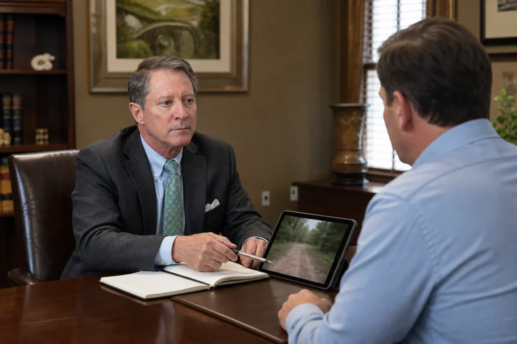 Attorney discusses ATV accident investigation details with a client using a tablet