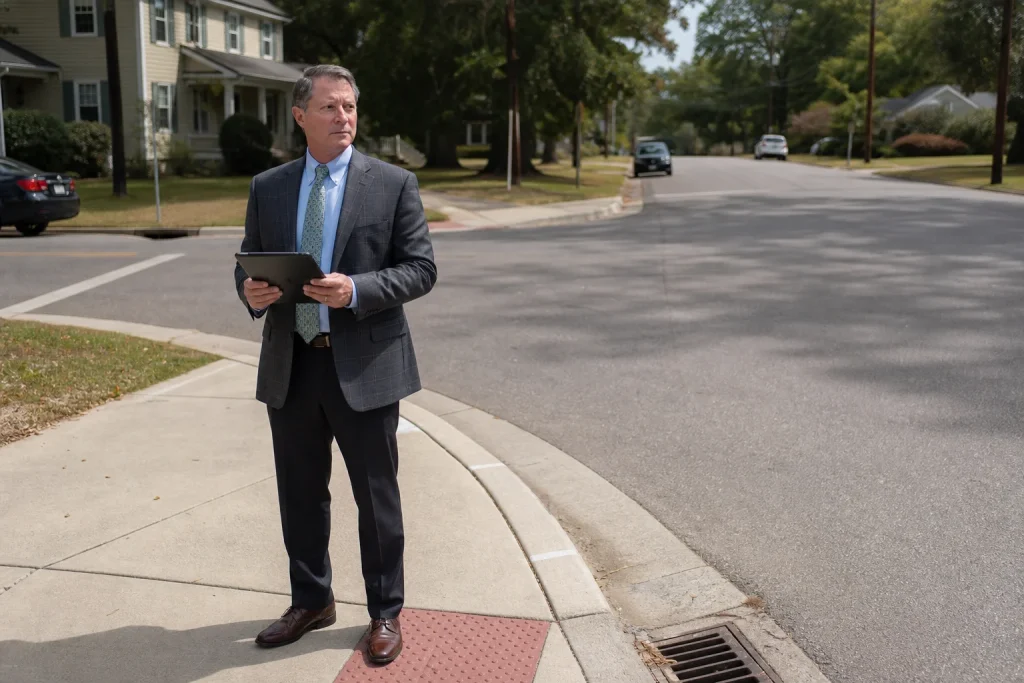 Attorney examining the geometry of an unmarked Alabama intersection from the sidewalk