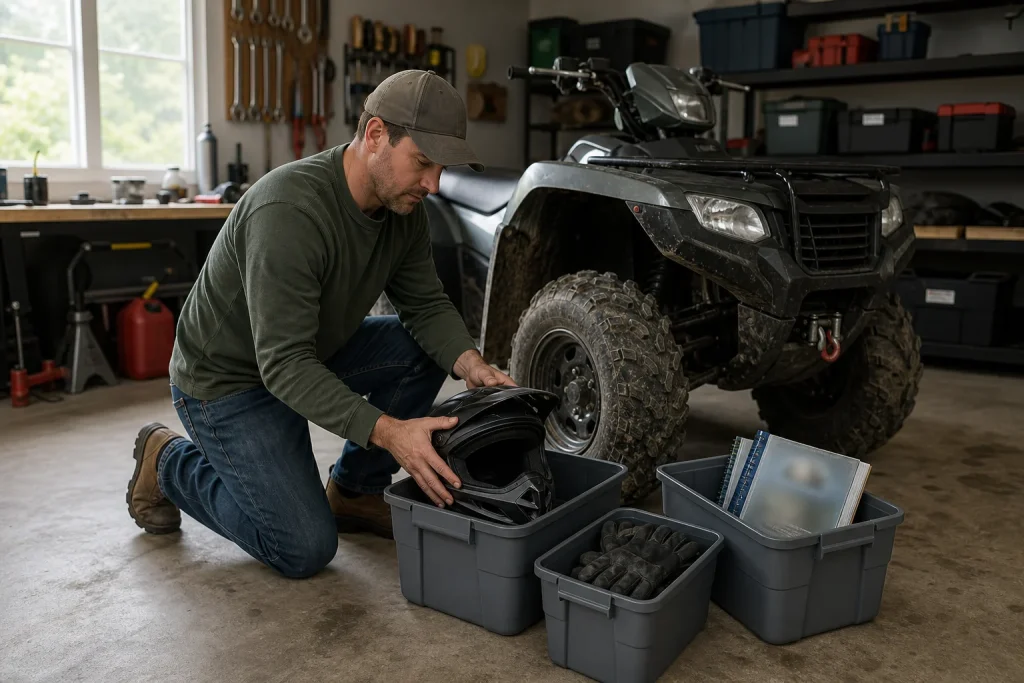 Adult organizes an ATV helmet, gear, manual, and maintenance materials for safekeeping