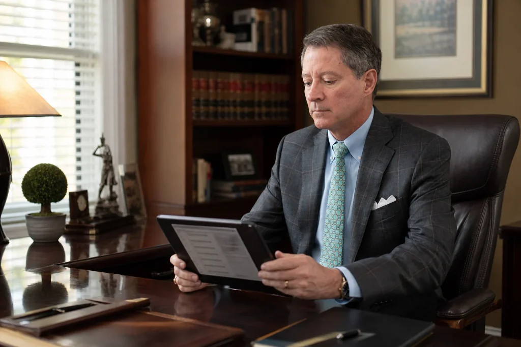 Tom McCutcheon reviews a generic evidence checklist in a law office while preparing for a rural-road injury consultation.