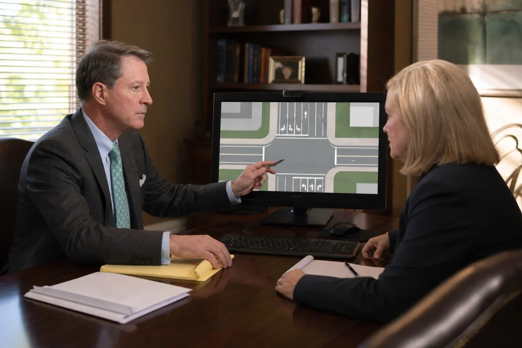 Attorney discusses a general roadway-safety inquiry with a colleague in a professional office