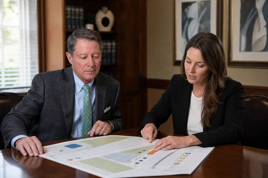 An attorney reviews an event-safety diagram with a colleague during a professional office discussion.