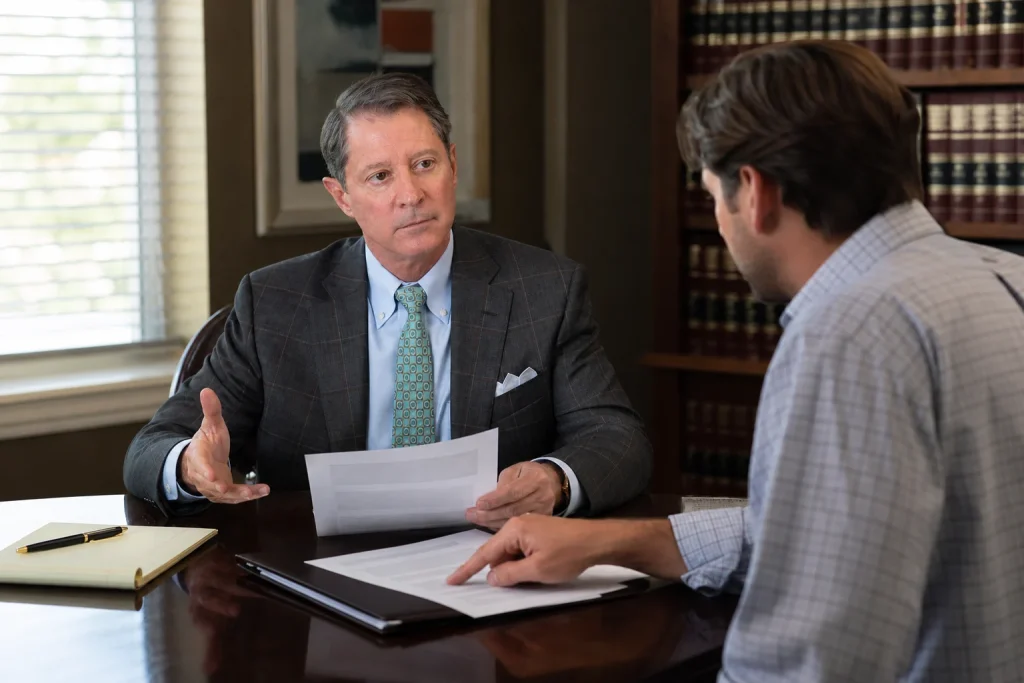 Attorney reviews auto insurance coverage and evidence with a client after a hit-and-run