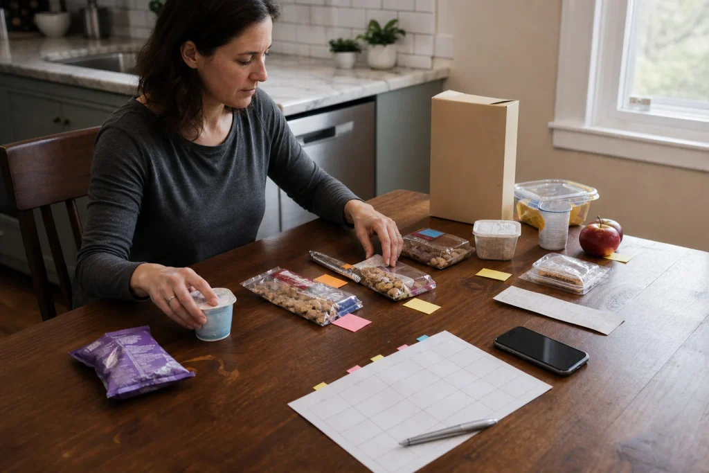 Person organizing grocery packaging, a phone, and a calendar to reconstruct a food history