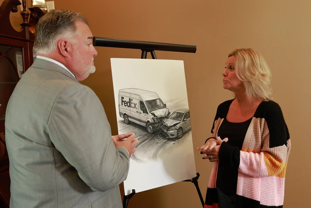 Attorney joel hamner discusses a fedex accident exhibit with a client, presenting delivery log evidence.