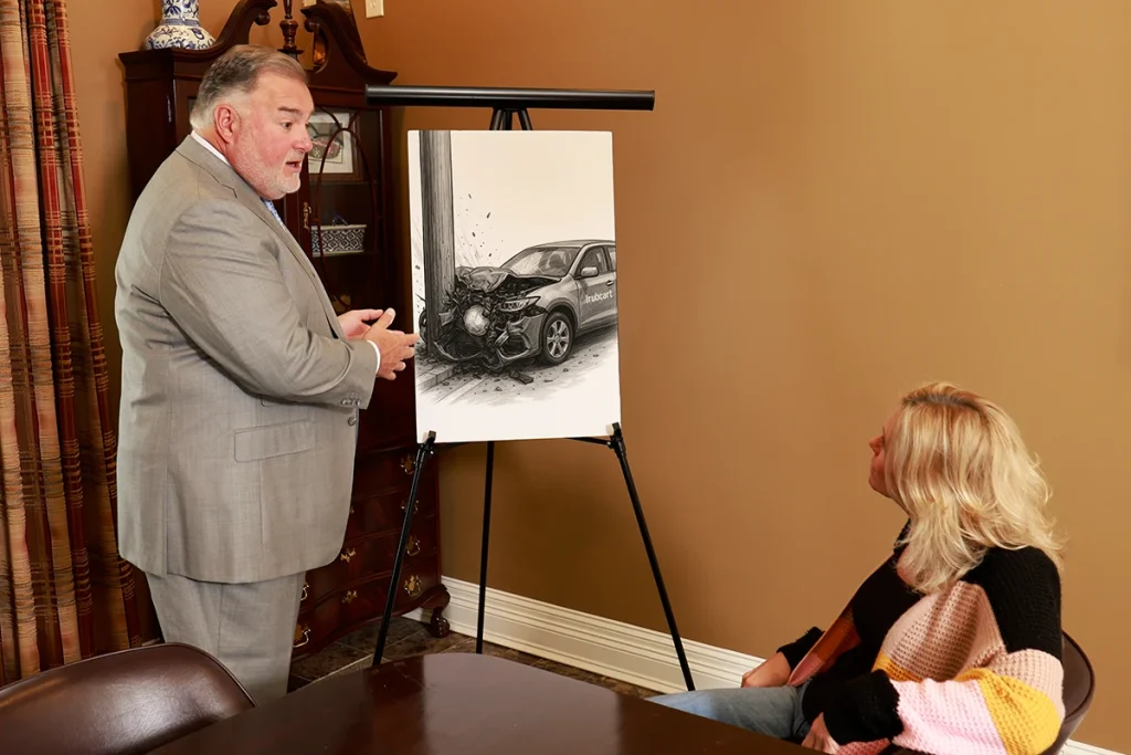Attorney joel hamner discusses a catastrophic injury exhibit with a client, outlining long term medical needs.