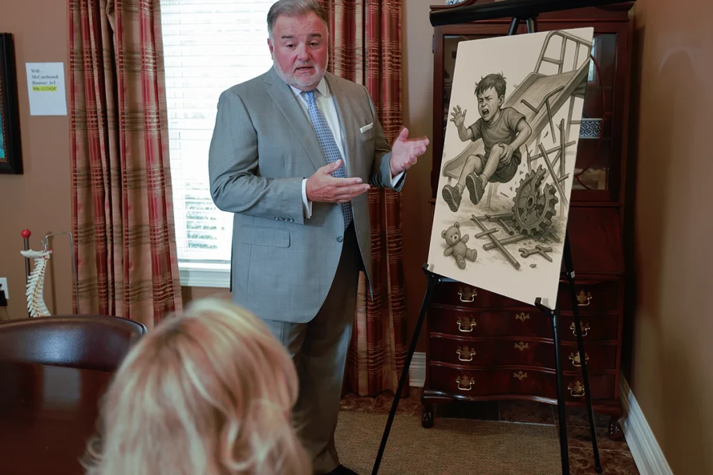 Attorney joel hamner discusses a concussion and tbi exhibit with a client, pointing to medical imaging evidence.