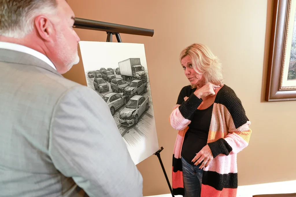 Attorney joel hamner discusses a freeway accident exhibit with a client, noting traffic flow diagrams.