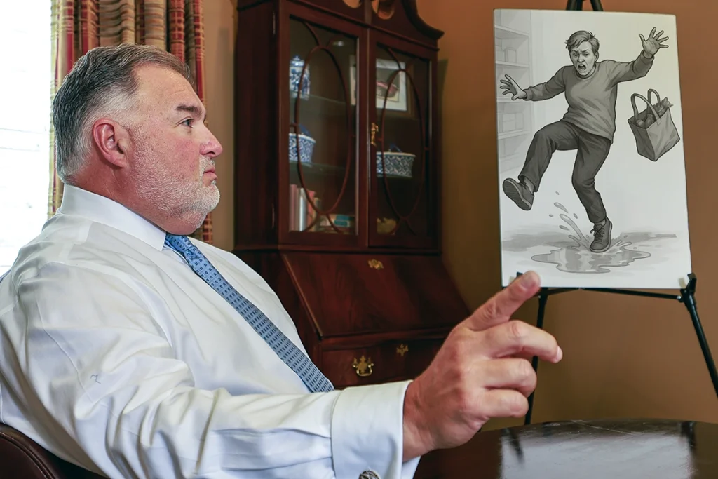 Attorney joel hamner discusses a slip and fall accident exhibit with a client, pointing to security camera stills.