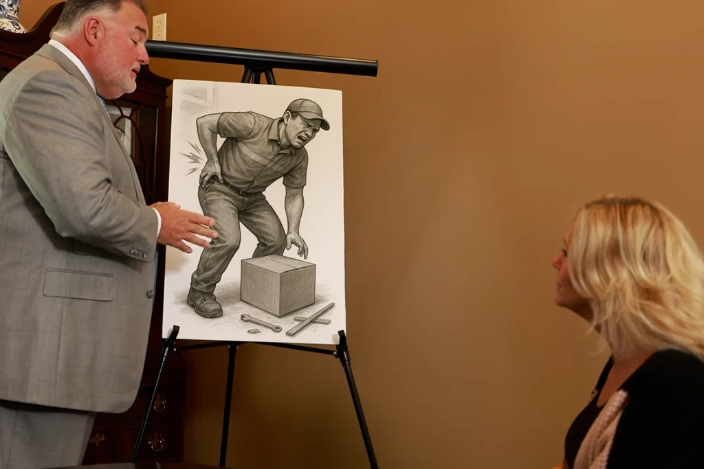 Attorney joel hamner discusses a workers’ compensation exhibit with a client, highlighting workplace injury documentation.