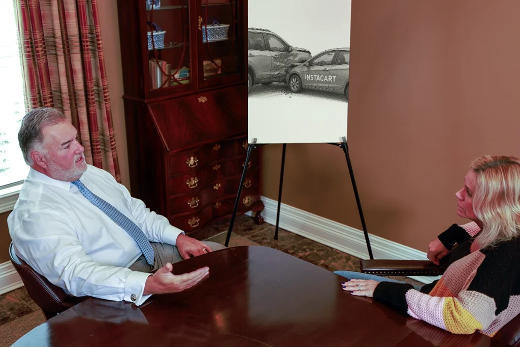 Attorney joel hamner discusses an instacart accident exhibit with a client, including delivery route maps.