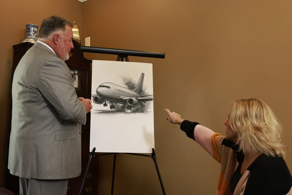 Attorney joel hamner discusses an airplane accident exhibit with a client, highlighting flight path details and safety reports.