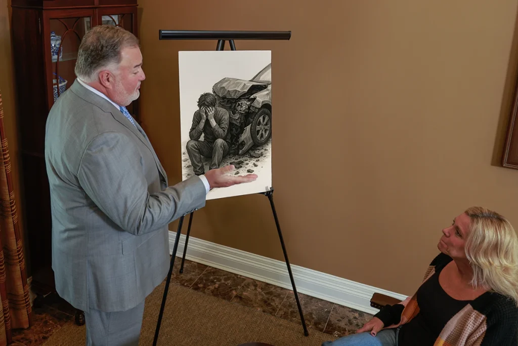 Attorney joel hamner discusses an emotional distress exhibit with a client, showing psychological evaluation notes.