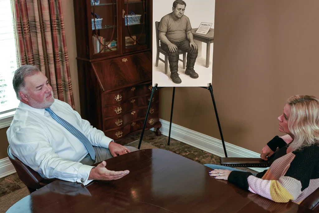 Attorney joel hamner explains a social security disability exhibit to a client, outlining benefits timelines.