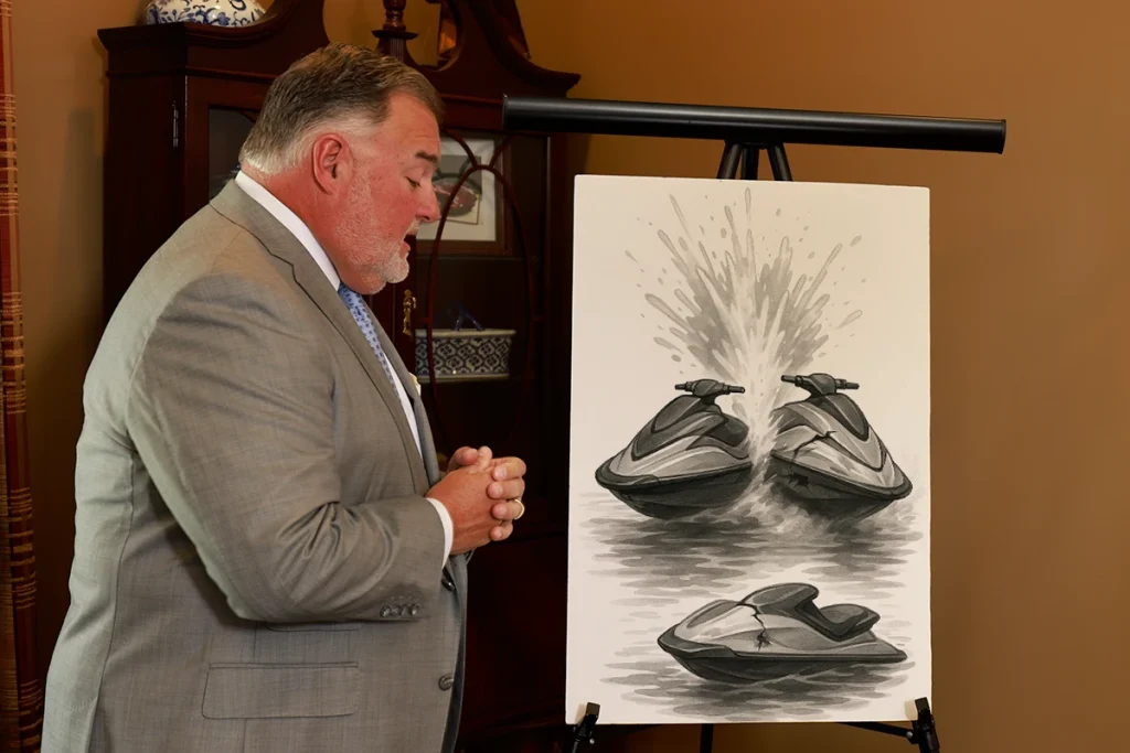 Attorney joel hamner explains a boat and jet ski accident exhibit to a client, pointing out water safety concerns.