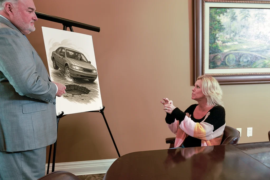 Attorney joel hamner explains a hazardous roadway exhibit with a client, highlighting maintenance record gaps.